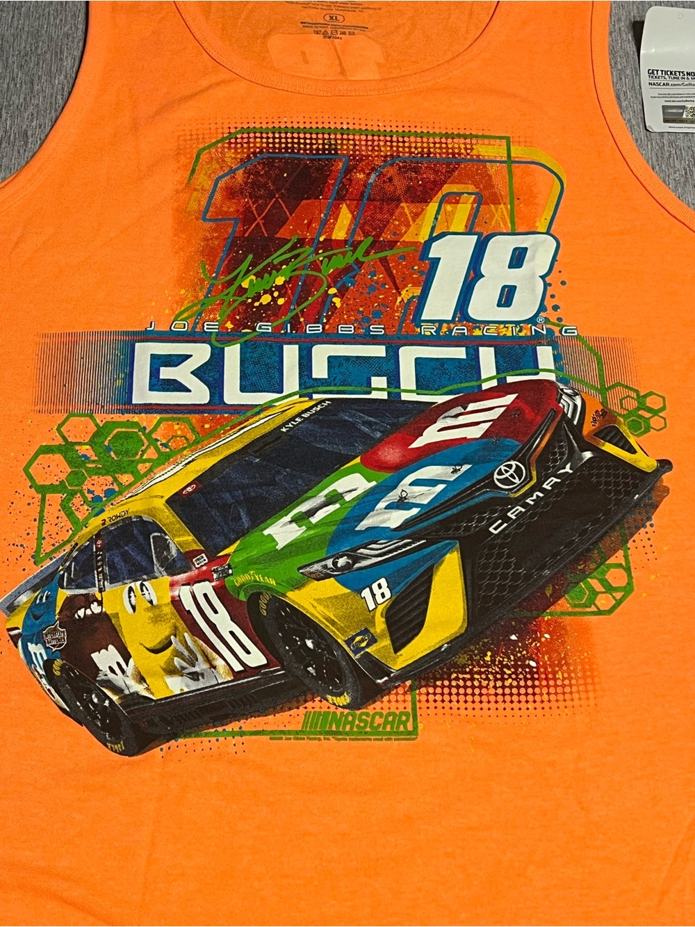 Kyle Busch #18 M&M Racing Nascar Neon Orange Graphic Tank Top - Picture 3 of 10